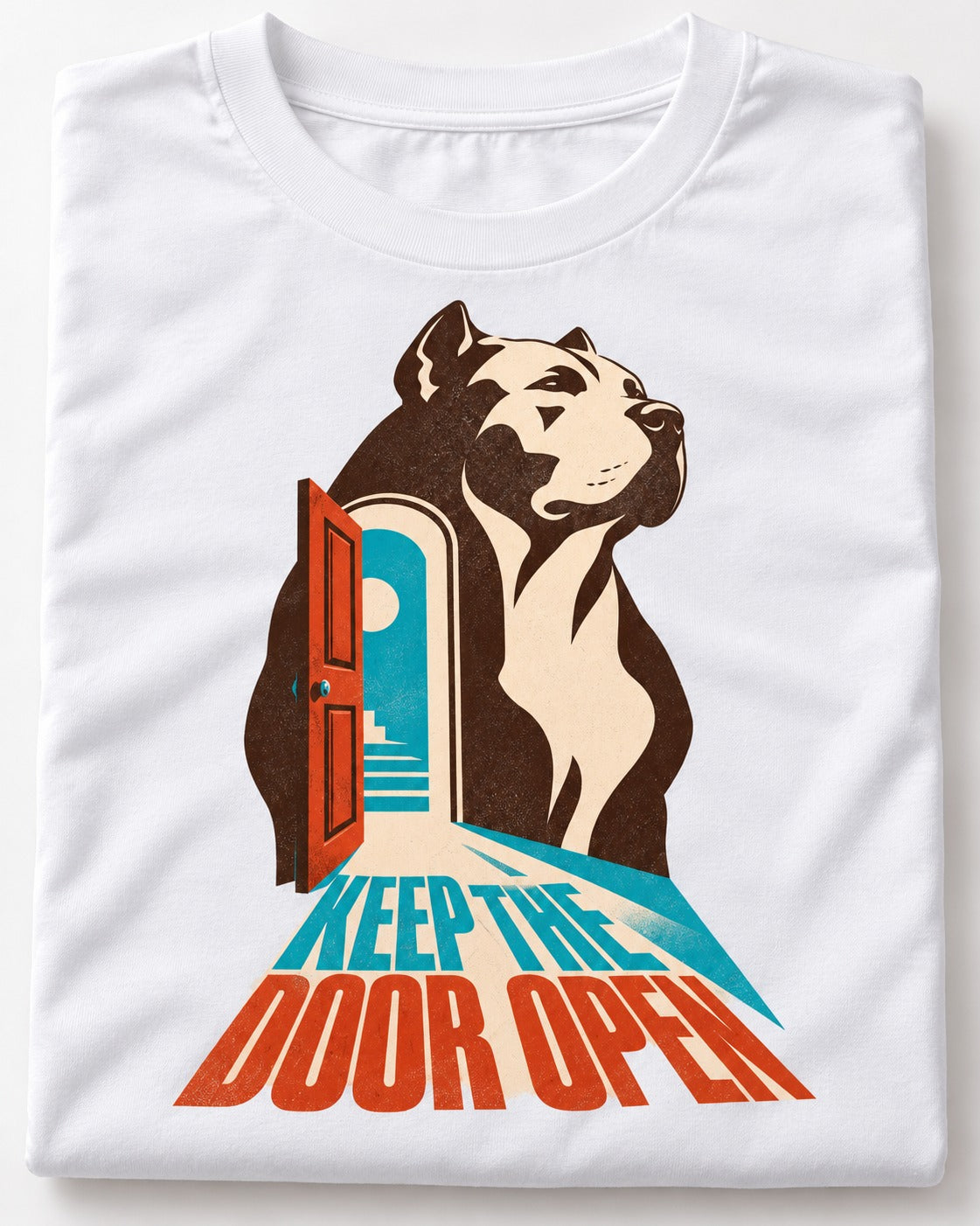 Keep the Door Open Pitbull T-Shirt in White, close-up of the graphic
