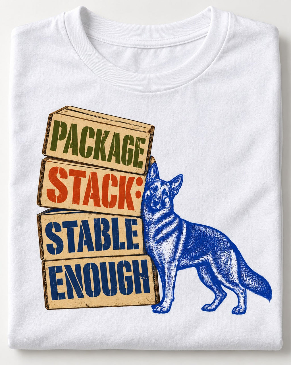 Package Stack Stable Enough German Shepherd Dog T-Shirt in White, close-up of the graphic