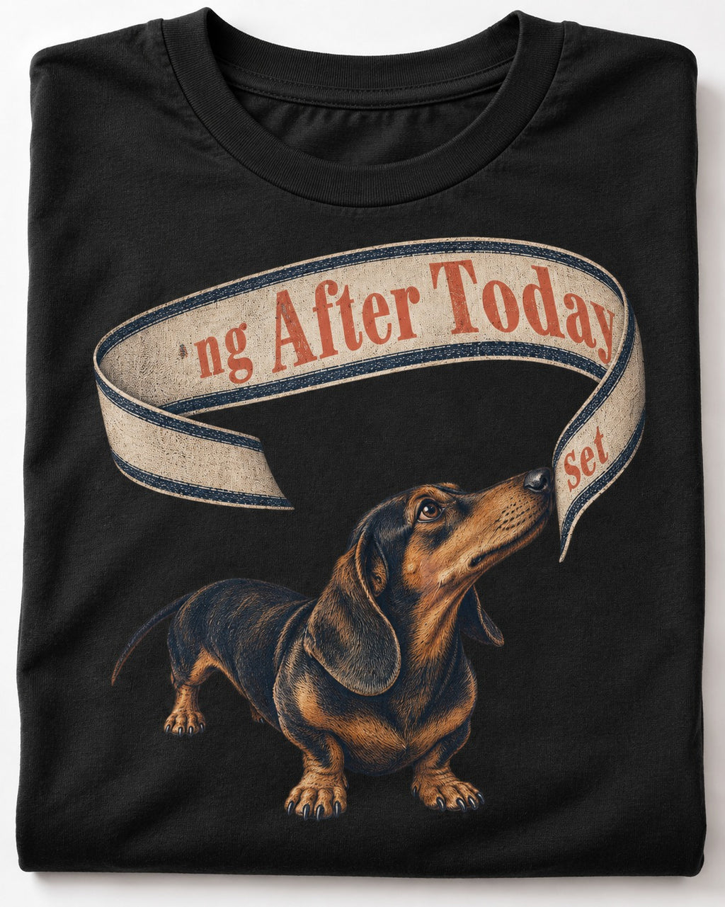 Dachshund ng After Today Set Ribbon Graphic T-Shirt in Black, close-up of the graphic