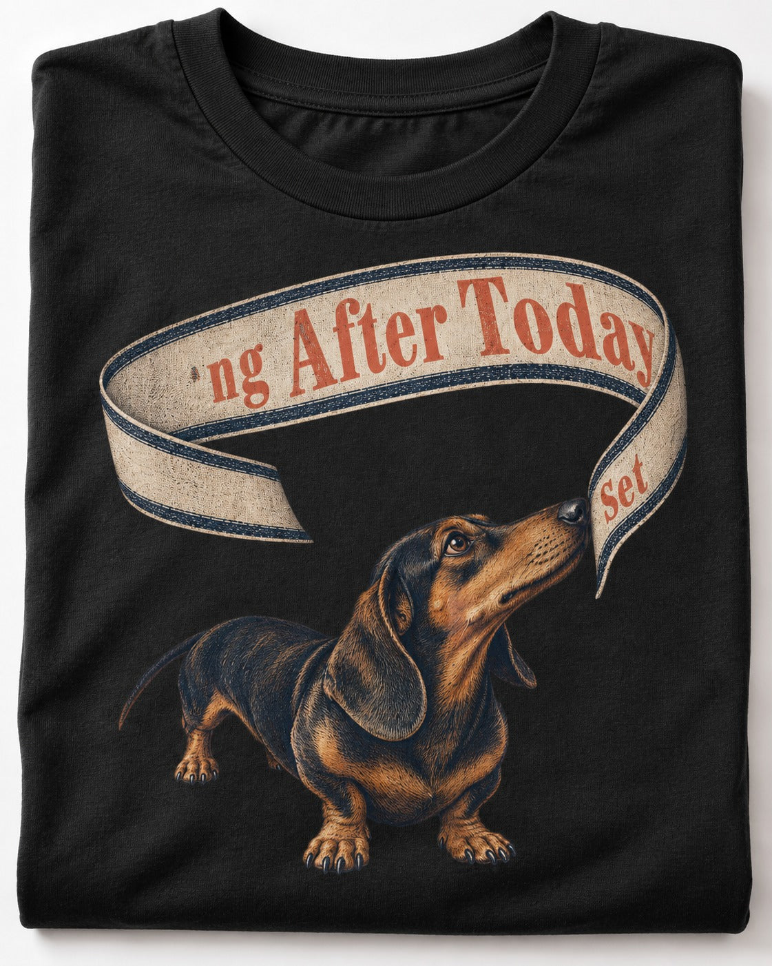 Dachshund ng After Today Set Ribbon Graphic T-Shirt in Black, close-up of the graphic