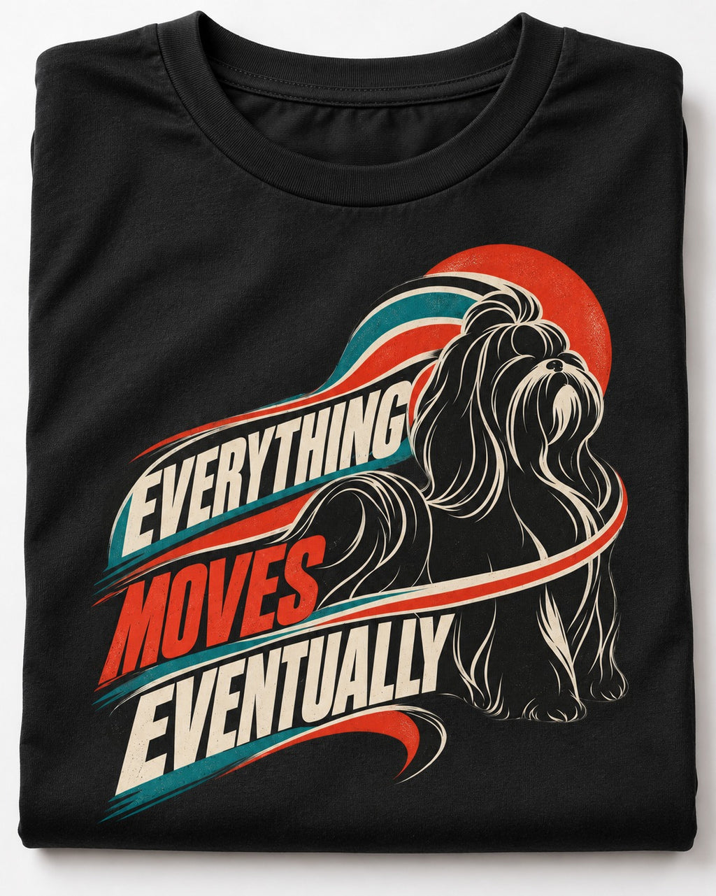 Shih Tzu Everything Moves Eventually Retro Speed Graphic T-Shirt in Black, close-up of the graphic