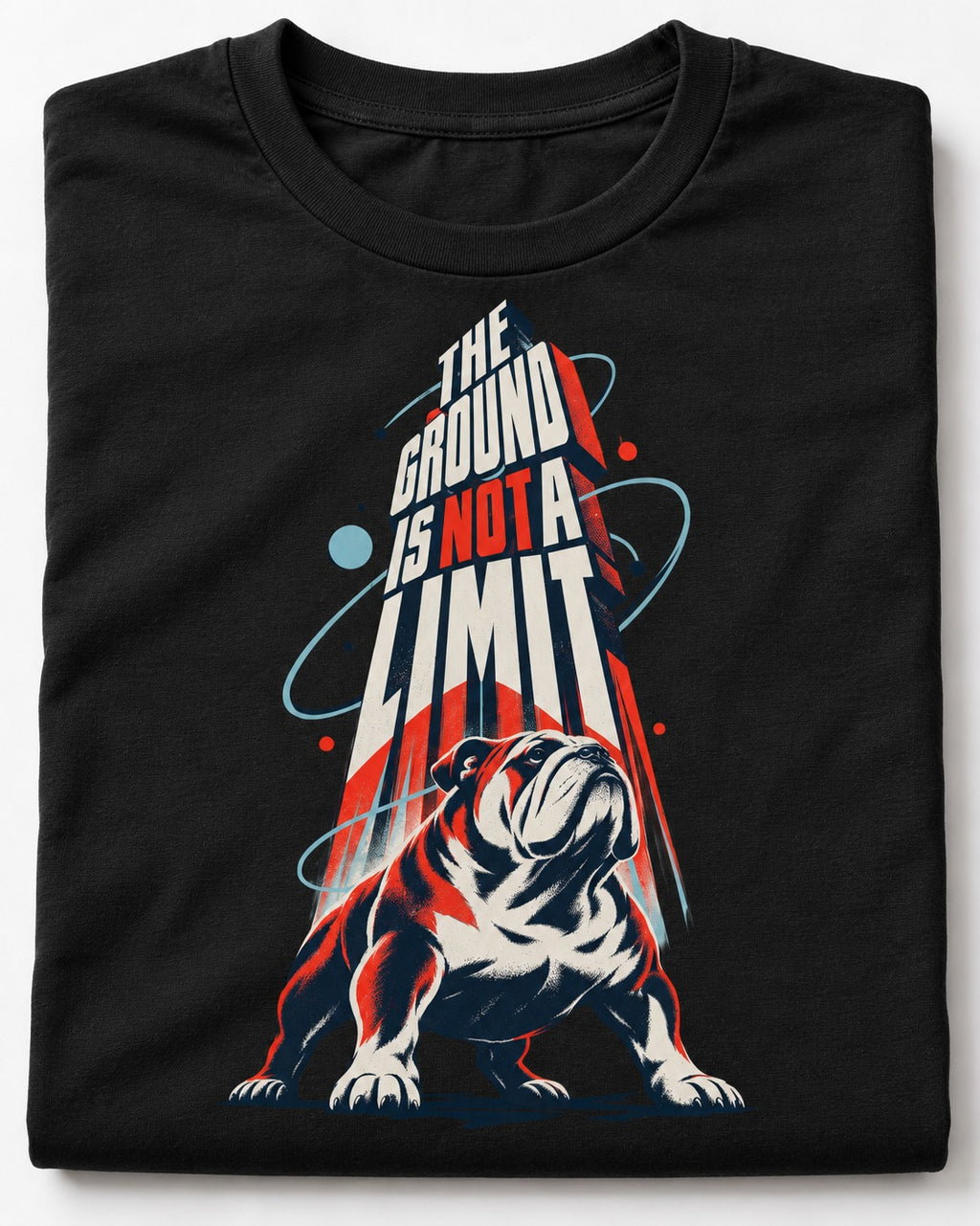 English Bulldog The Ground Is Not a Limit Orbital Graphic T-Shirt in Black, close-up of the graphic