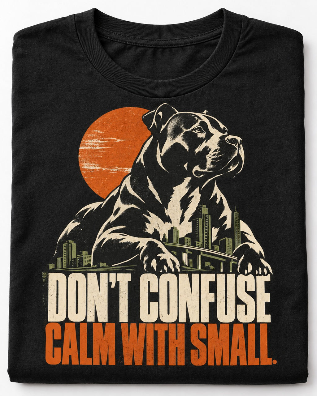 Pitbull Don't Confuse Calm with Small City Guardian Graphic T-Shirt in Black, close-up of the graphic