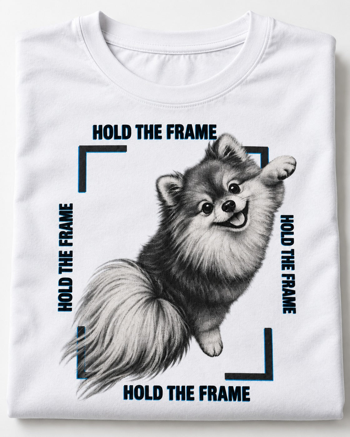 Hold the Frame Pomeranian T-Shirt in White, close-up of the graphic
