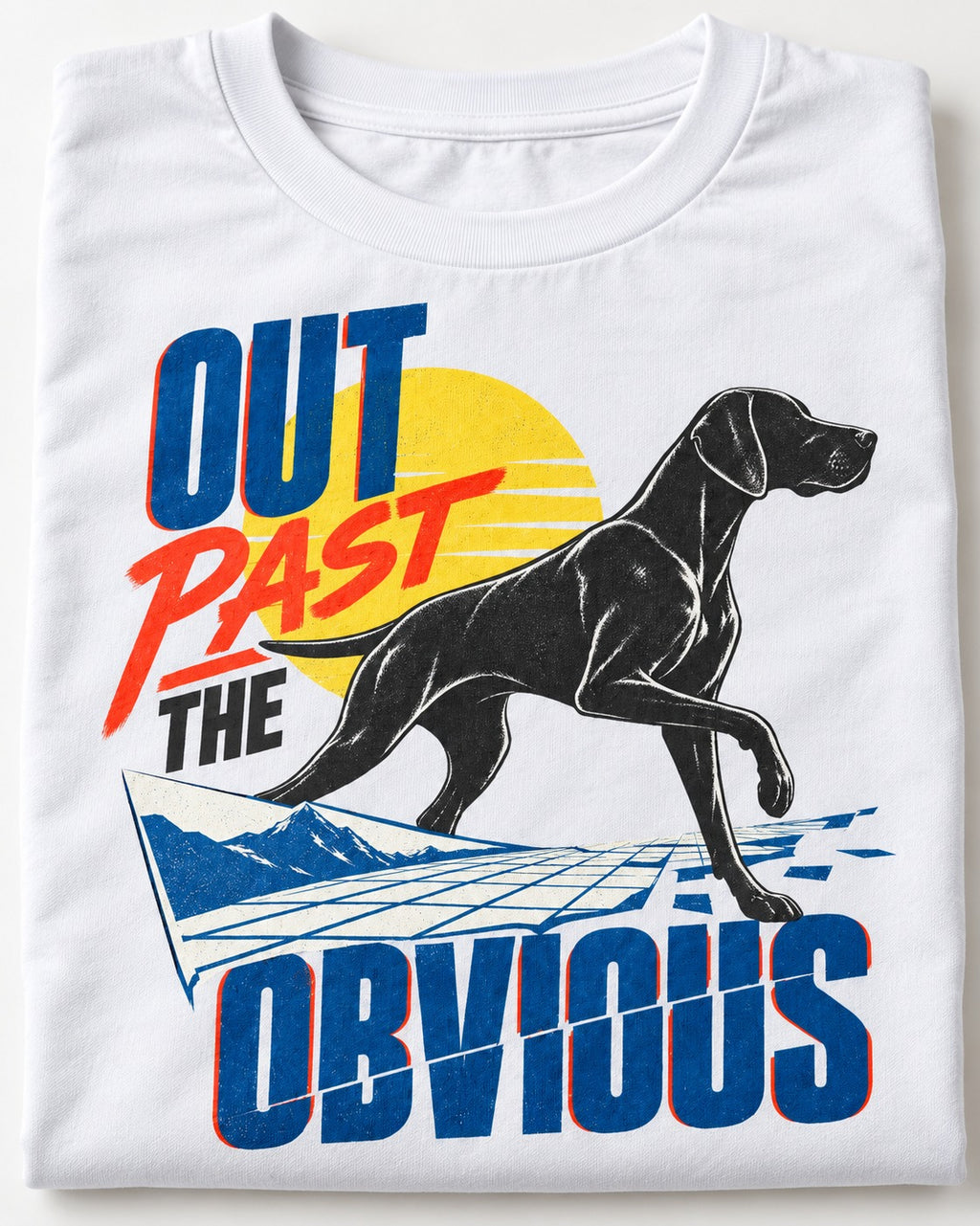 Out Past the Obvious German Shorthaired Pointer T-Shirt in White, close-up of the graphic