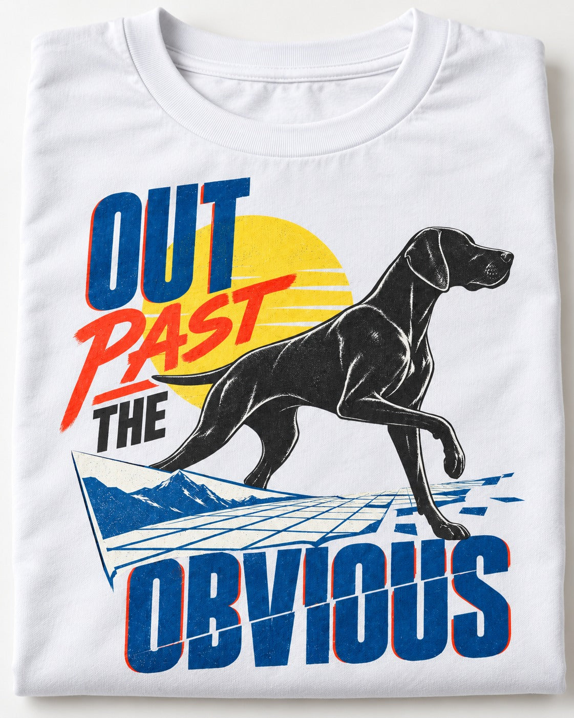 Out Past the Obvious German Shorthaired Pointer T-Shirt in White, close-up of the graphic