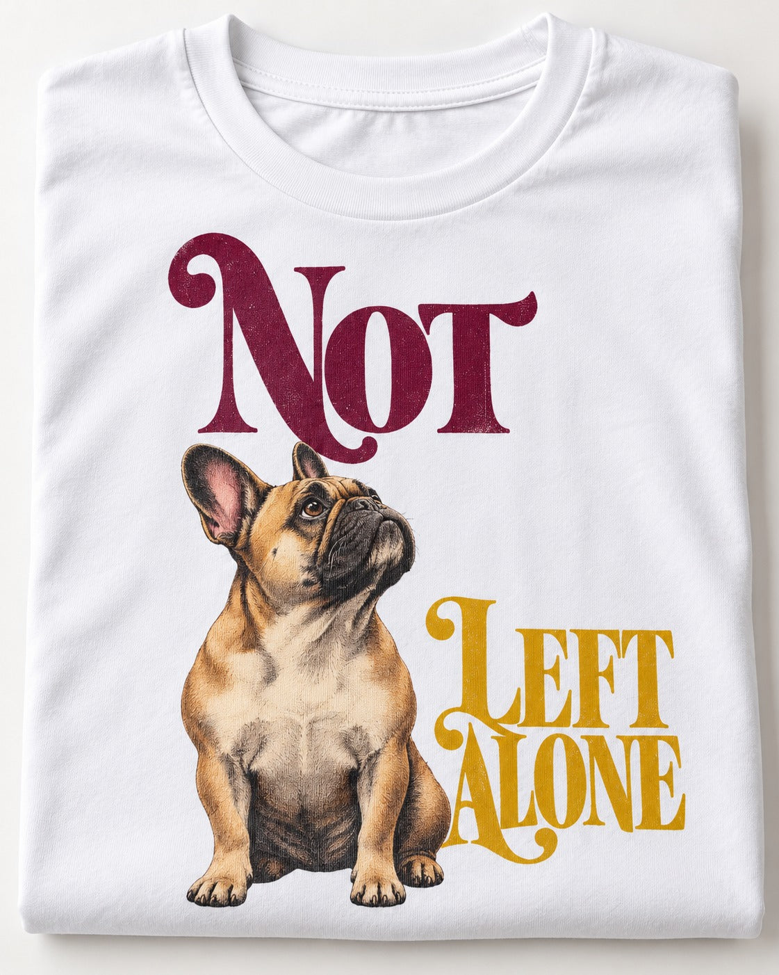 Frenchie Not Left Alone T-Shirt in White, close-up of the graphic