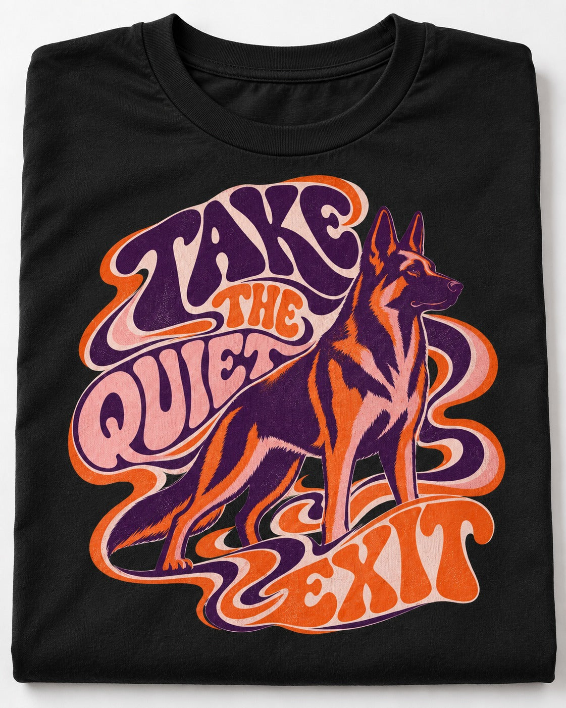 Take The Quiet Exit Psychedelic German Shepherd Dog Graphic T-Shirt in Black, close-up of the graphic
