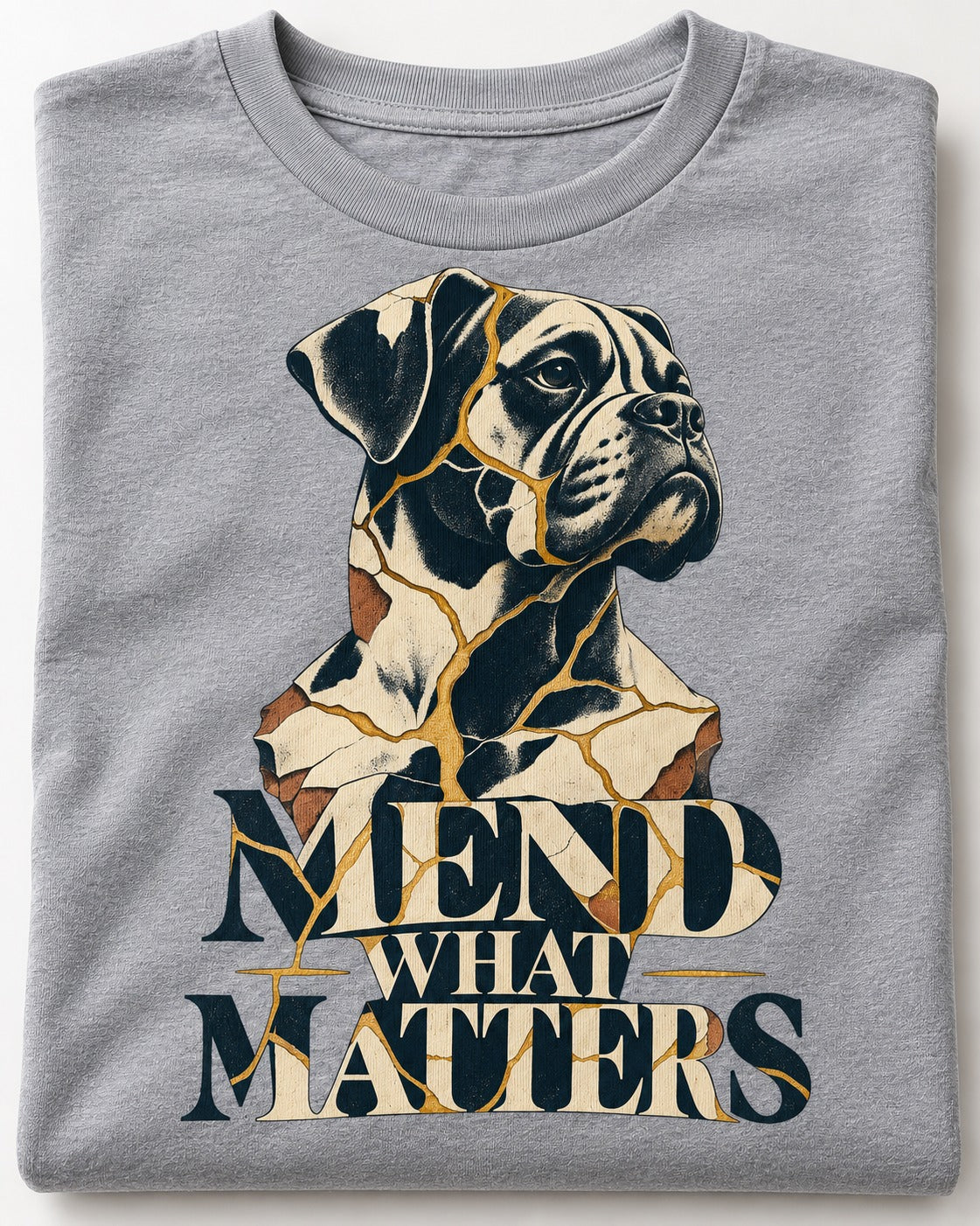 Mend What Matters Boxer Kintsugi Portrait T-Shirt in Sport Grey, close-up of the graphic