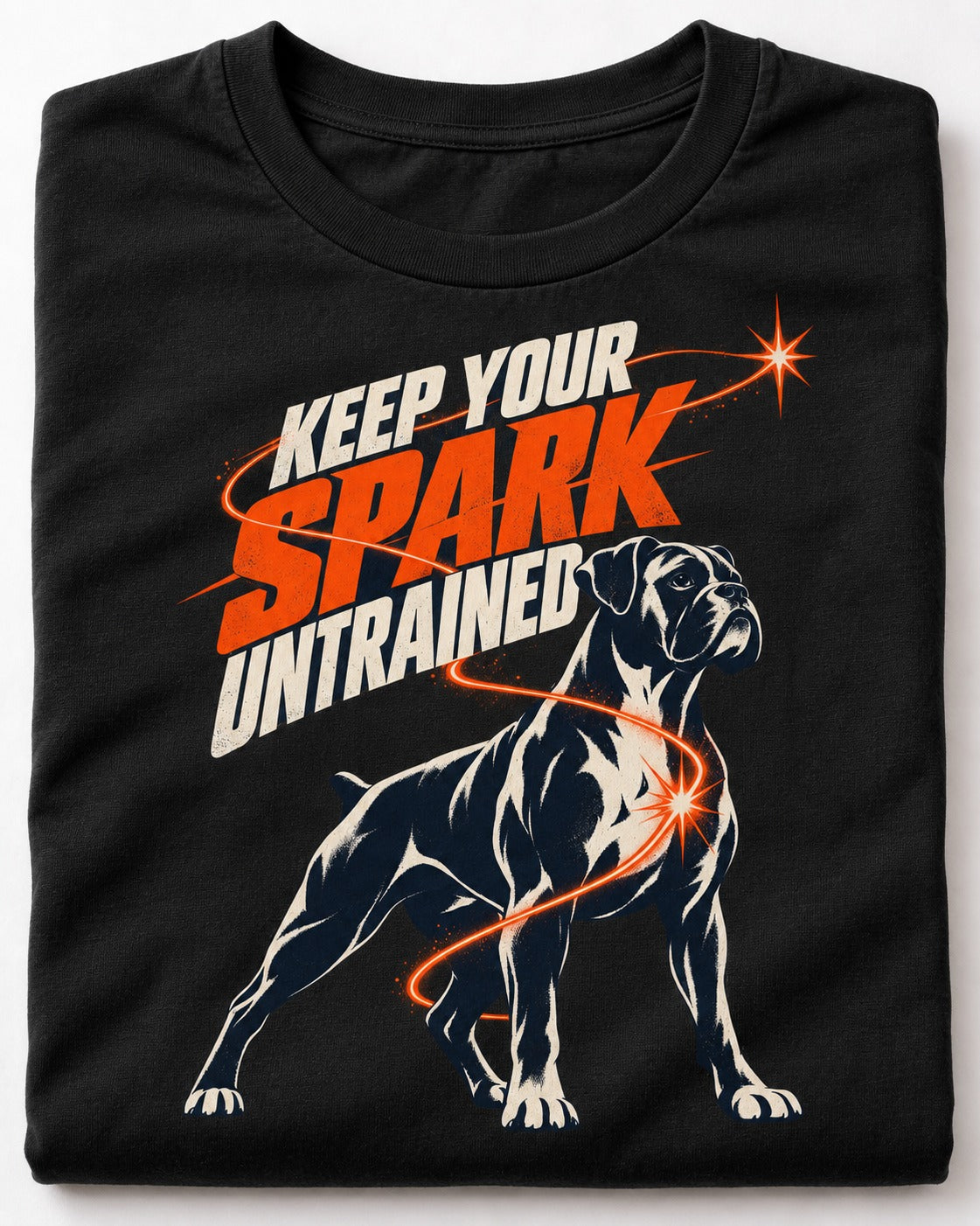 Boxer Keep Your Spark Untrained T-Shirt in Black, close-up of the graphic