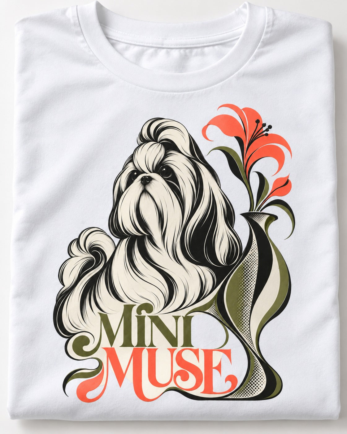 Shih Tzu Mini Muse T-Shirt in White, close-up of the graphic