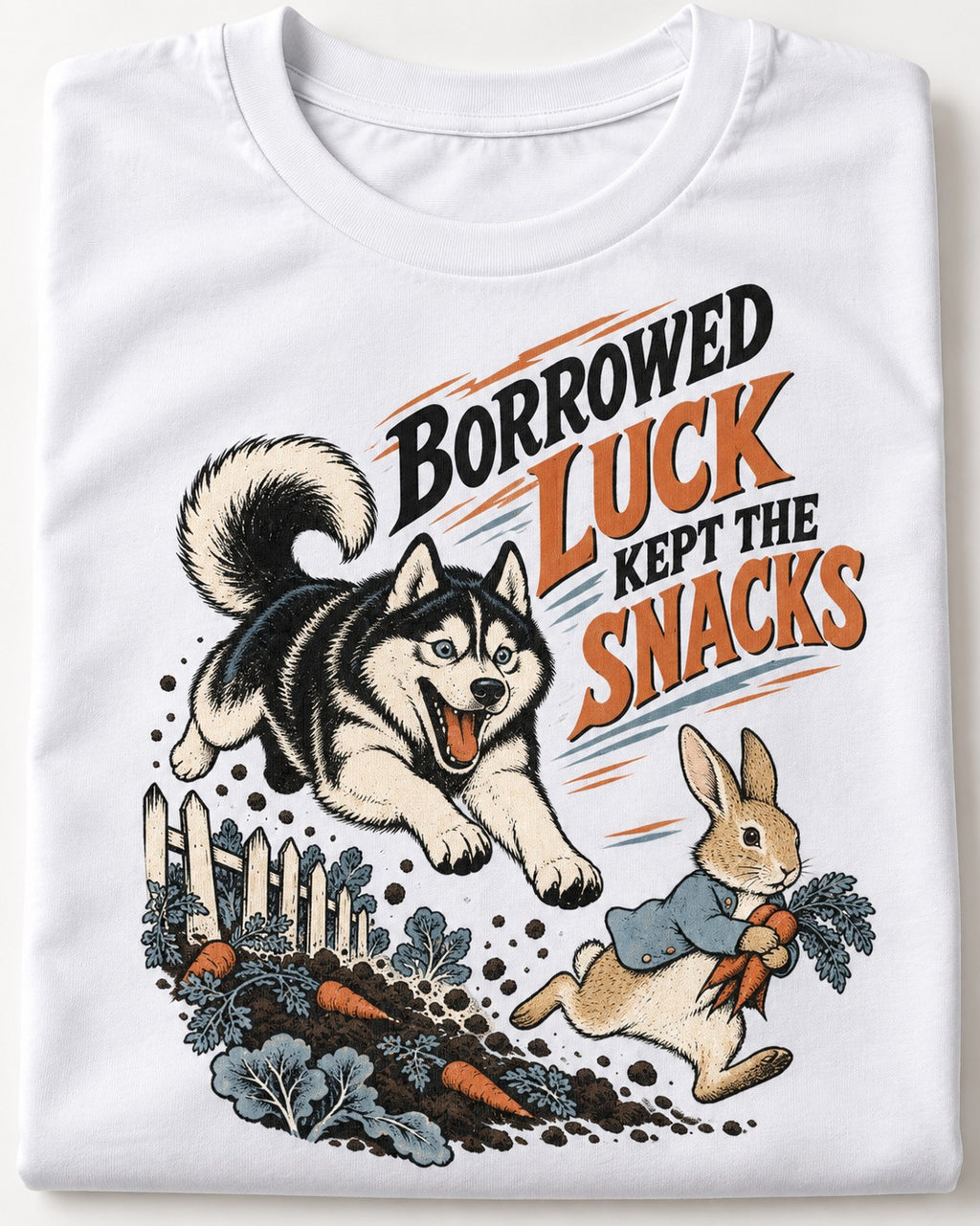Husky Borrowed Luck Kept the Snacks Chase Graphic T-Shirt in White, close-up of the graphic
