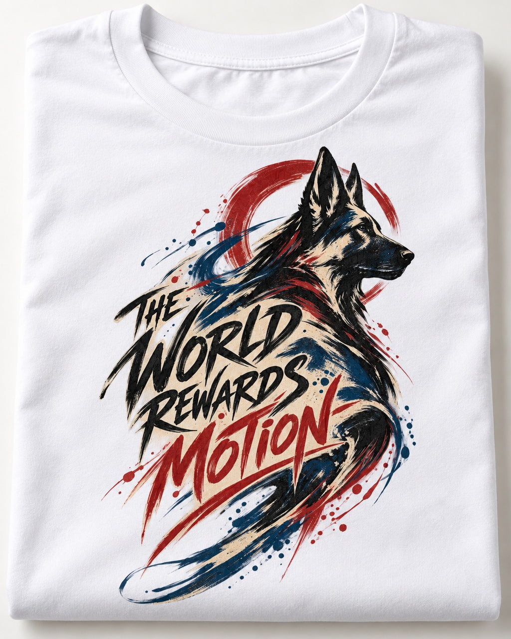 German Shepherd Dog The World Rewards Motion T-Shirt in White, close-up of the graphic