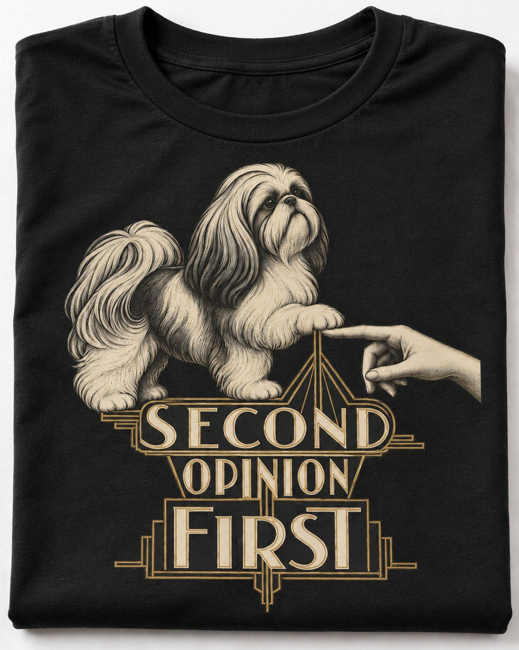 Shih Tzu Second Opinion First Art Deco Graphic T-Shirt in Black, close-up of the graphic