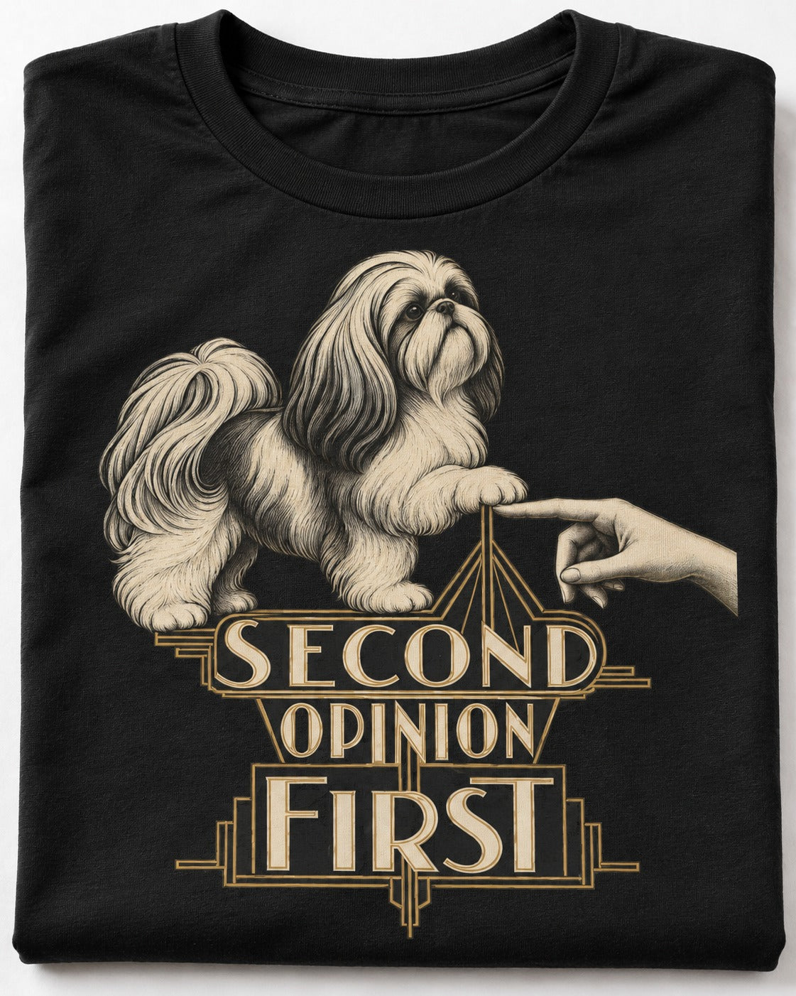 Shih Tzu Second Opinion First Art Deco Graphic T-Shirt in Black, close-up of the graphic