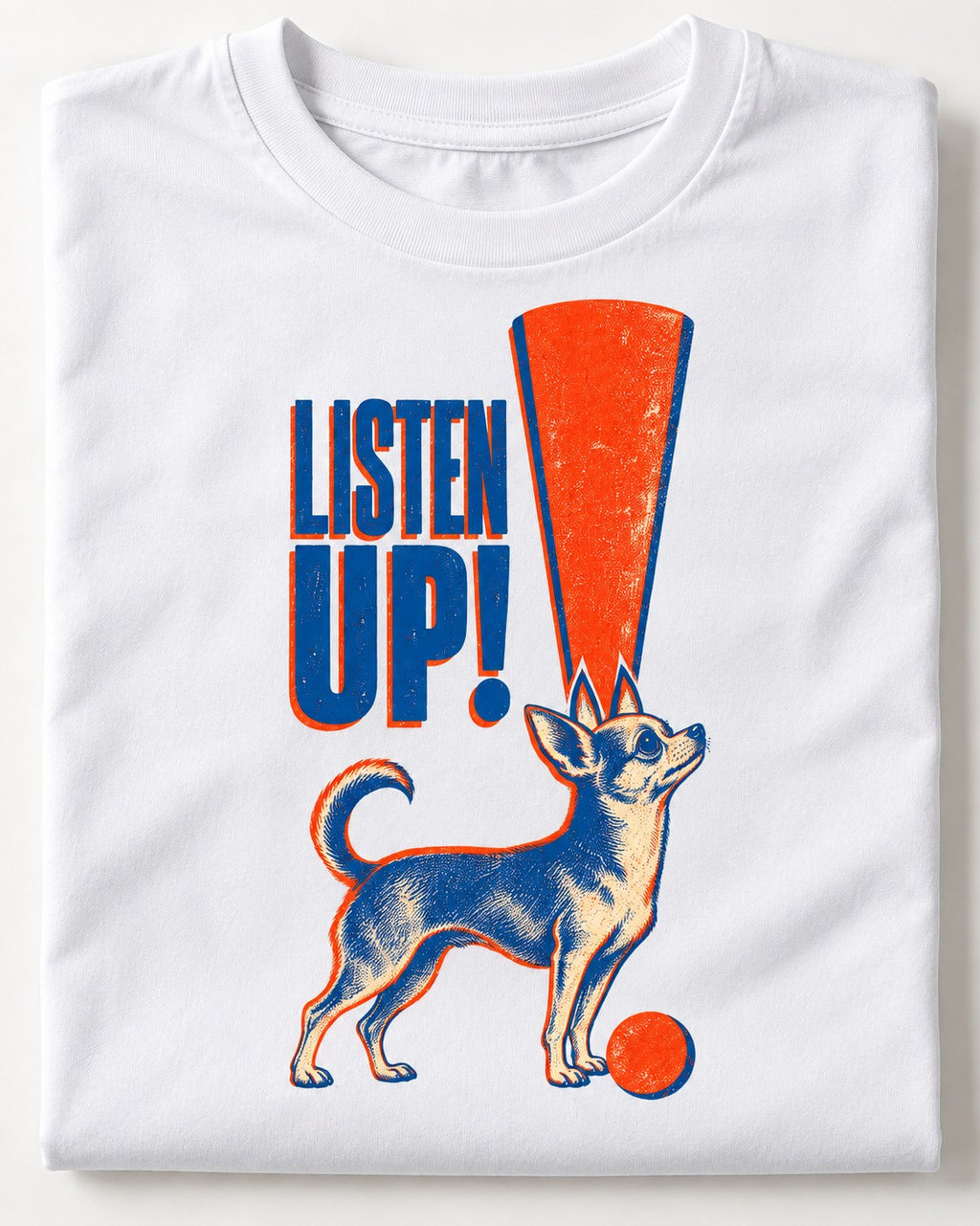 Listen Up Chihuahua T-Shirt in White, close-up of the graphic