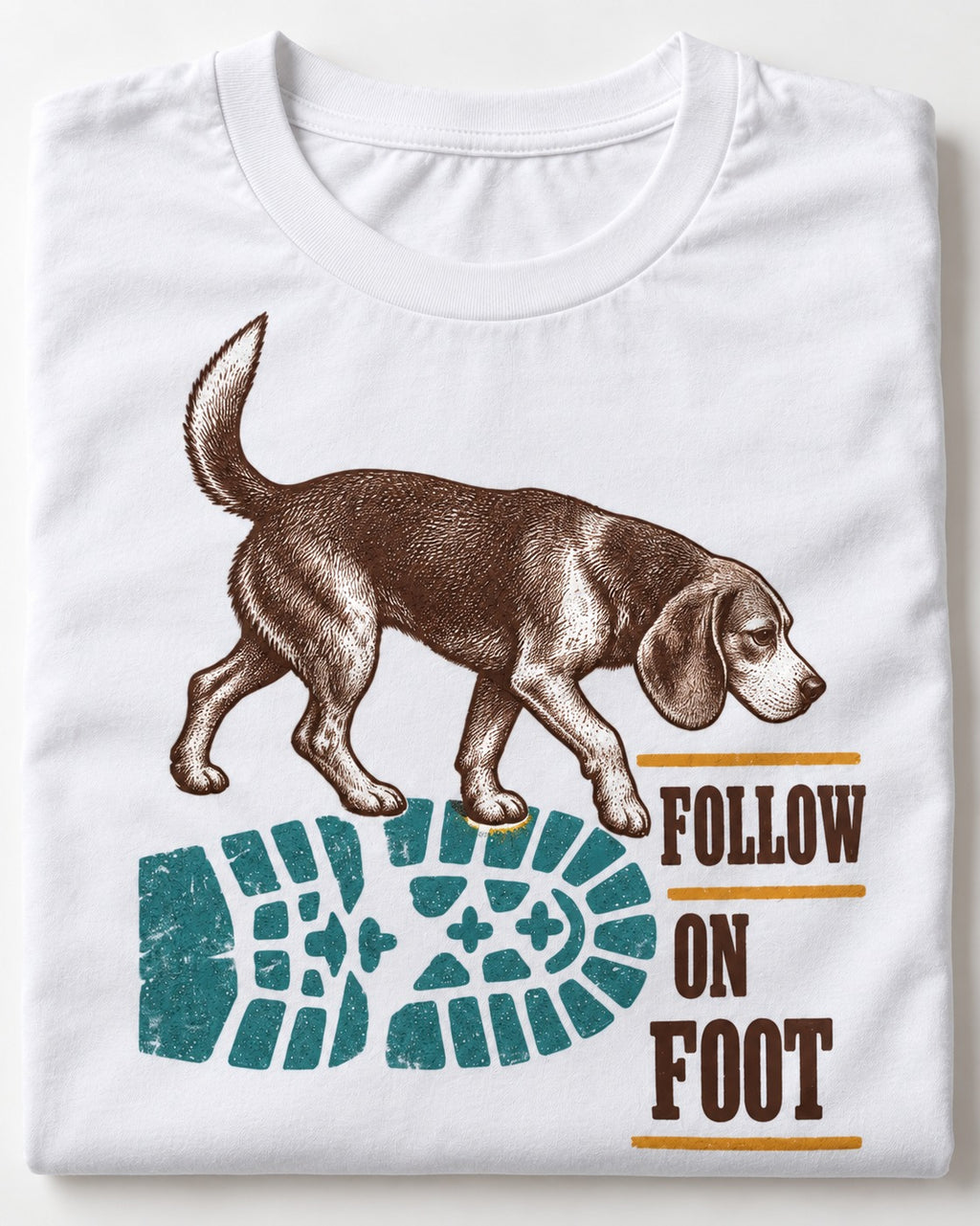 Follow the Beagle on Foot T-Shirt in White, close-up of the graphic