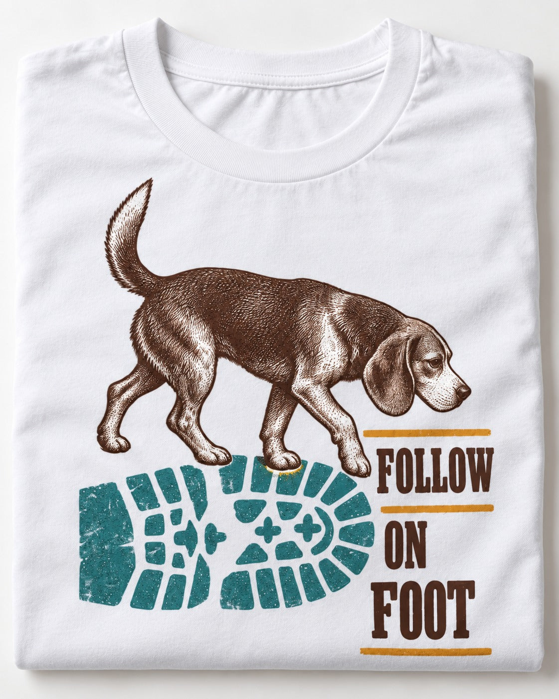 Follow the Beagle on Foot T-Shirt in White, close-up of the graphic