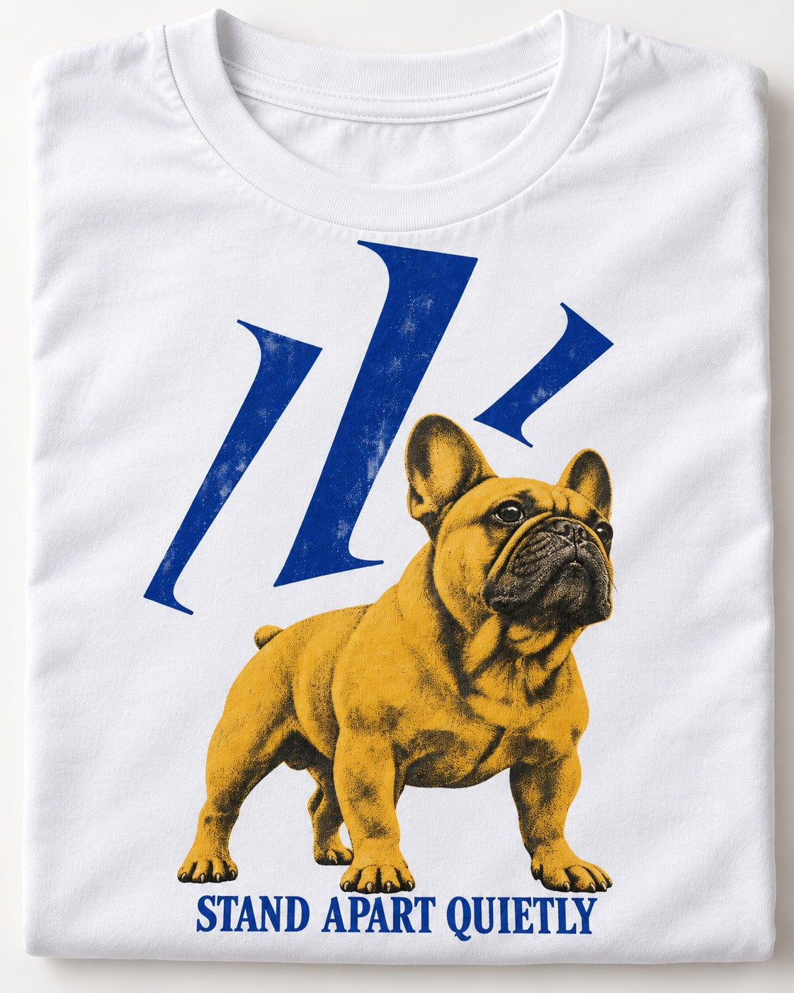 Frenchie Stand Apart Quietly T-Shirt in White, close-up of the graphic