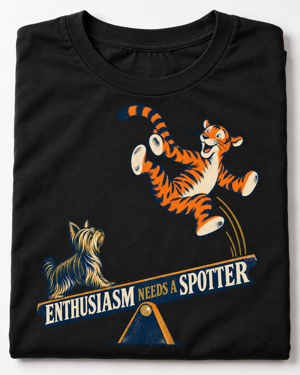 Yorkshire Terrier Enthusiasm Needs a Spotter Seesaw Graphic T-Shirt in Black, close-up of the graphic