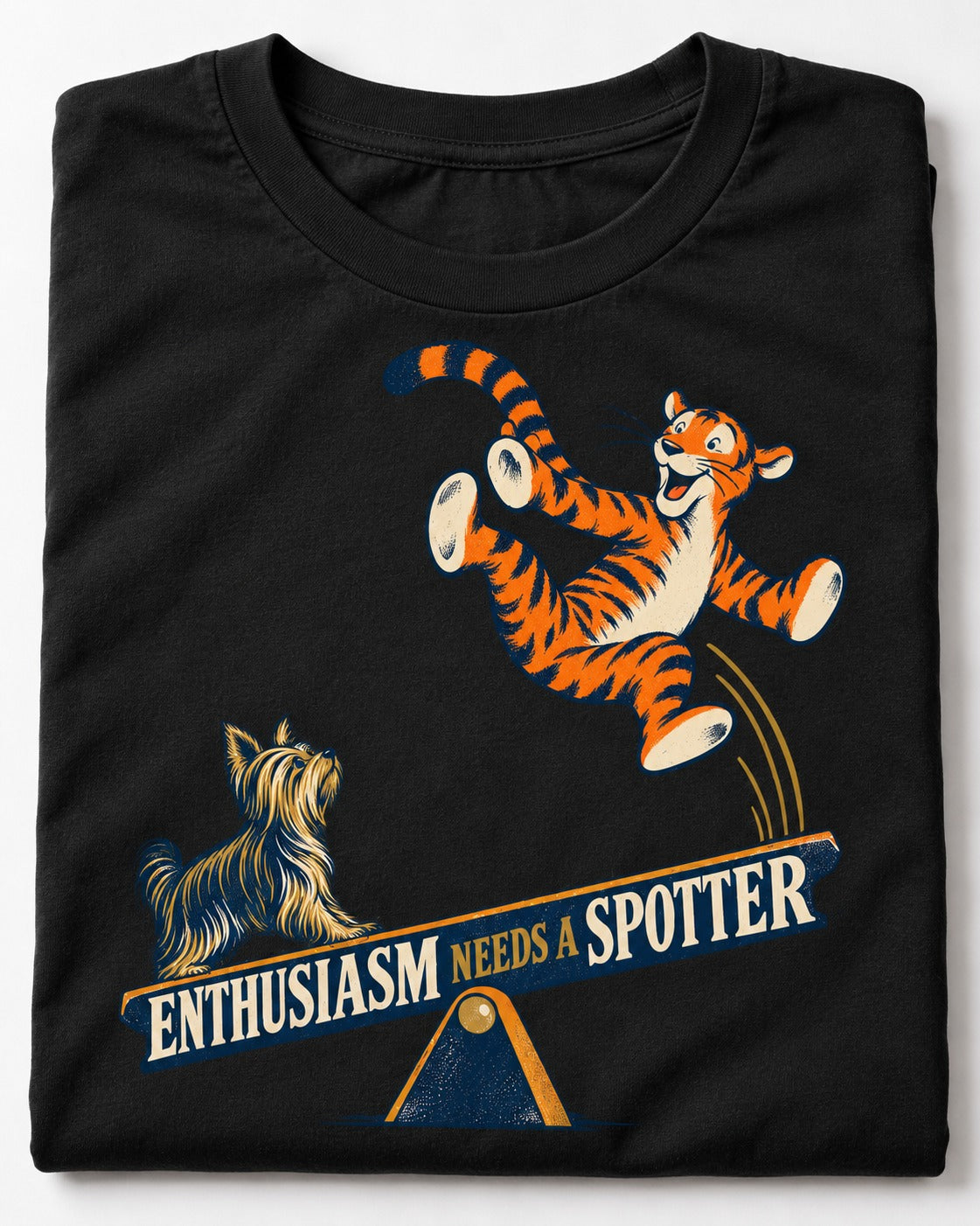 Yorkshire Terrier Enthusiasm Needs a Spotter Seesaw Graphic T-Shirt in Black, close-up of the graphic