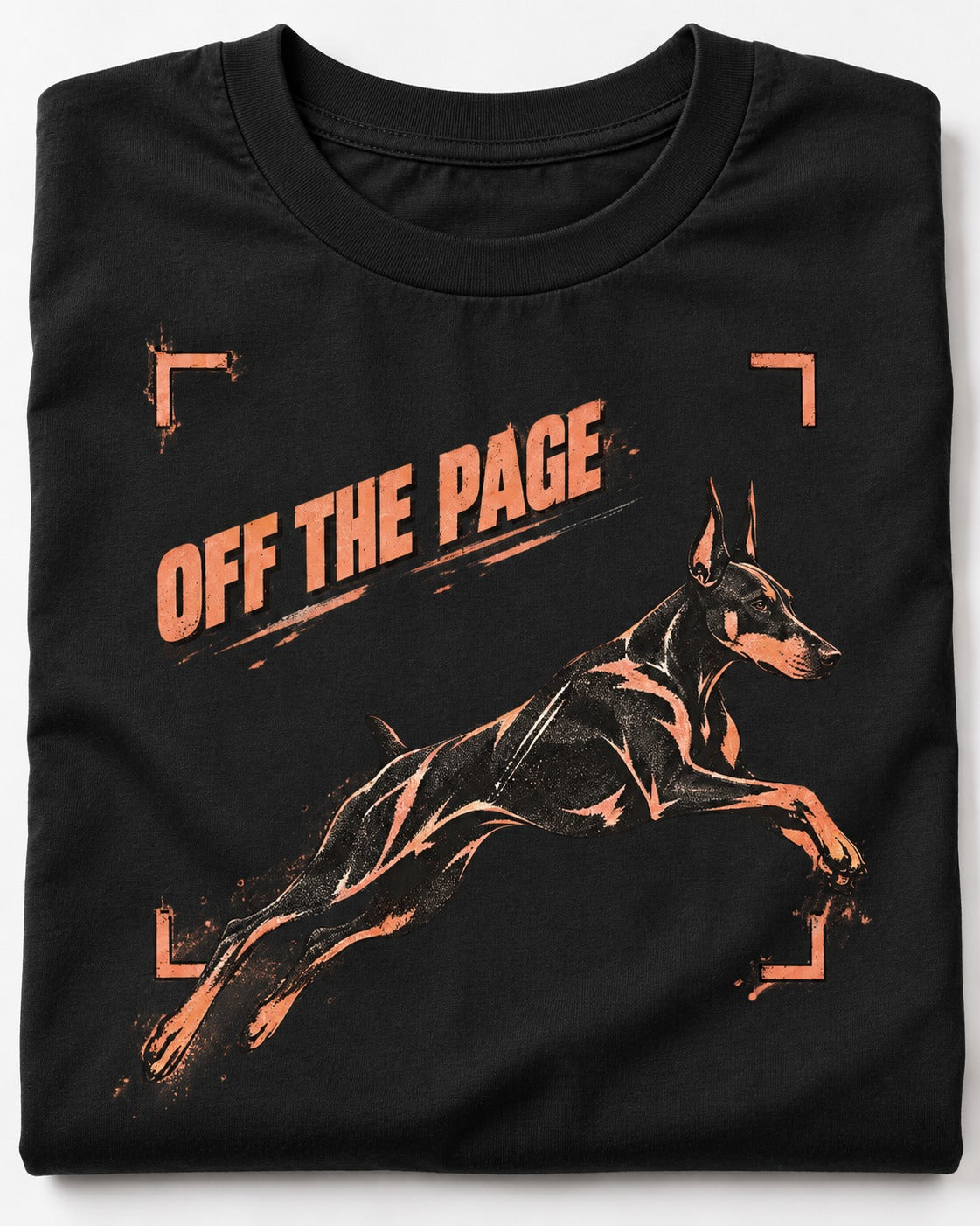 Doberman Off the Page Focus Frame Graphic T-Shirt in Black, close-up of the graphic