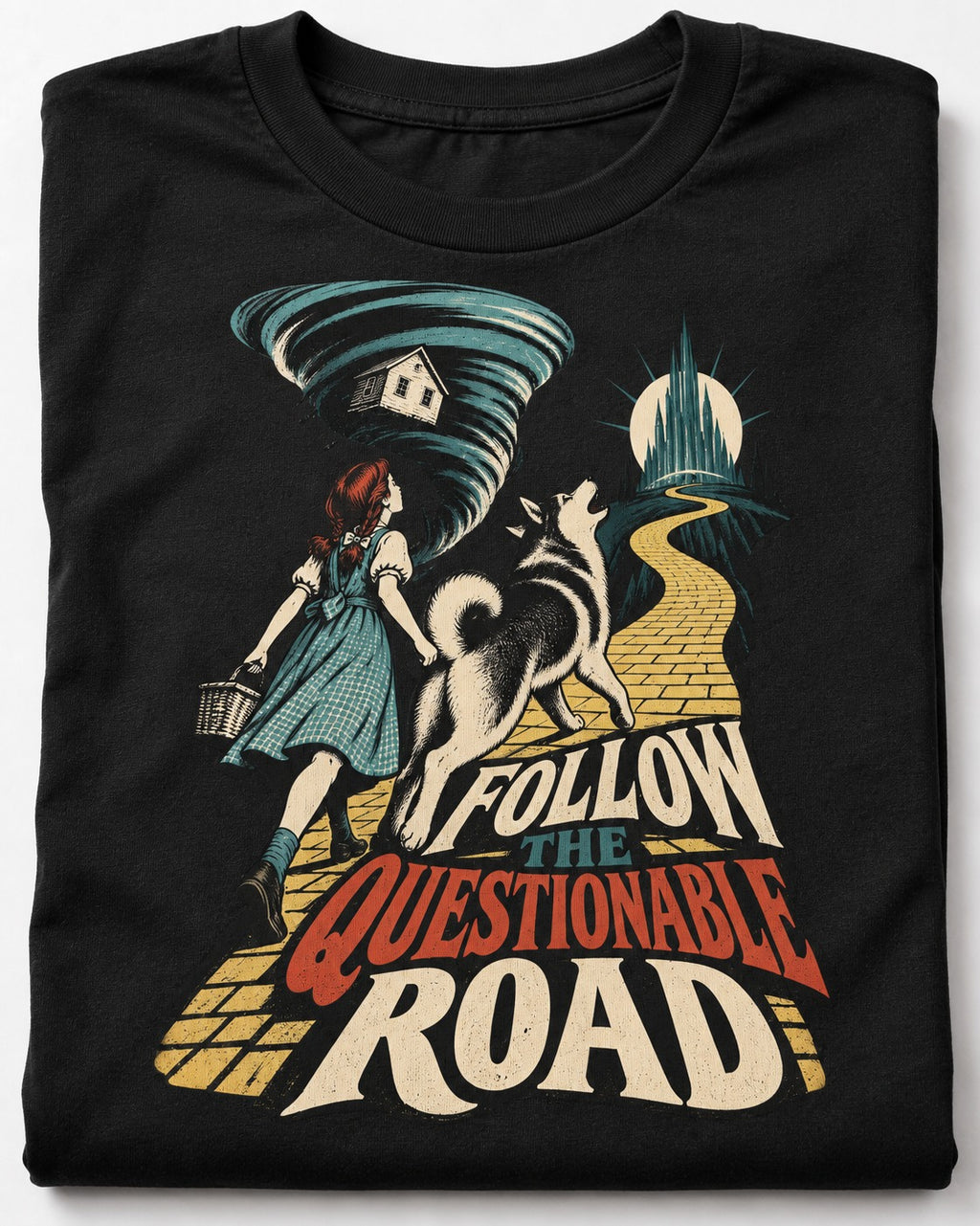 Husky Follow the Questionable Road Tornado Graphic T-Shirt in Black, close-up of the graphic