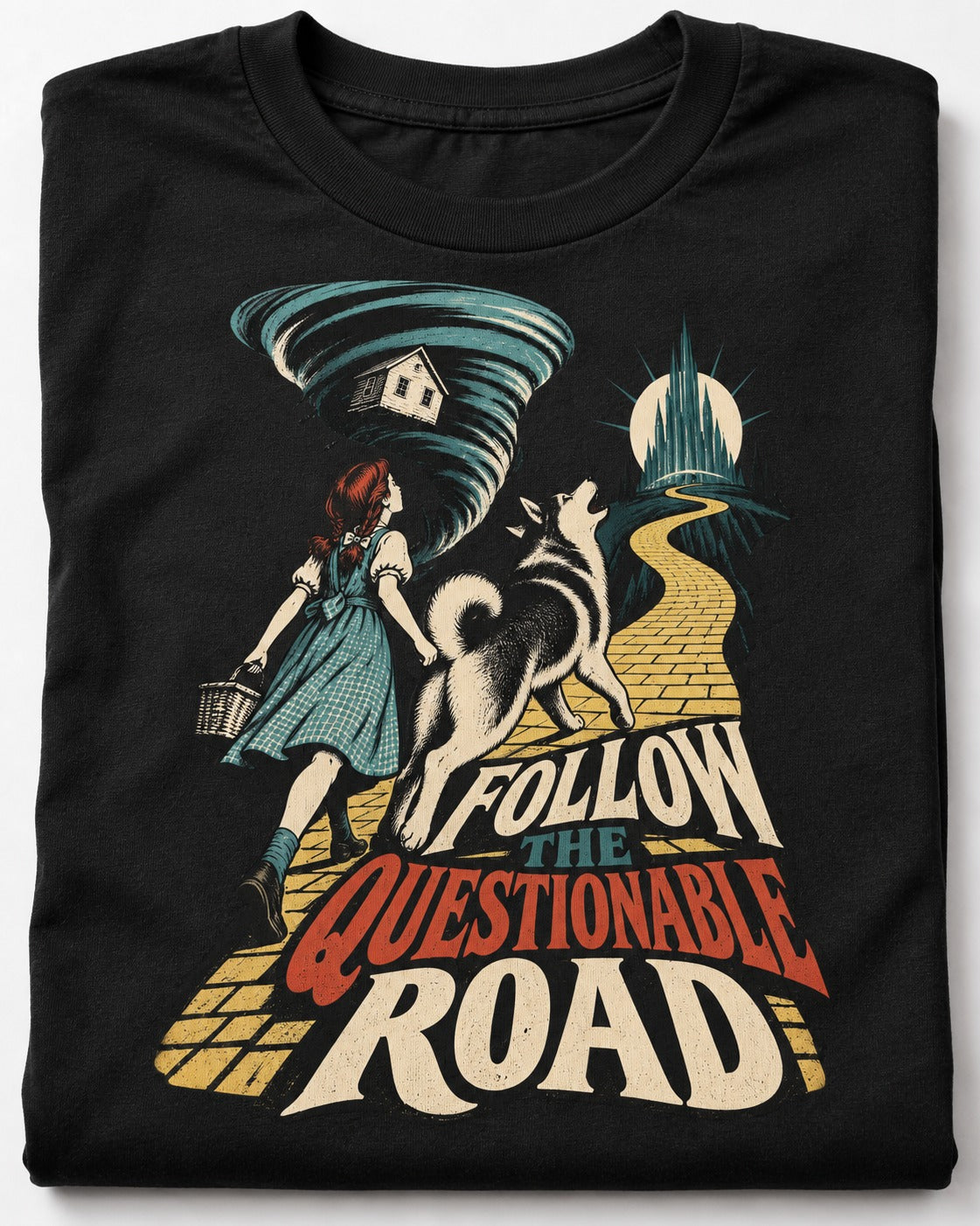 Husky Follow the Questionable Road Tornado Graphic T-Shirt in Black, close-up of the graphic
