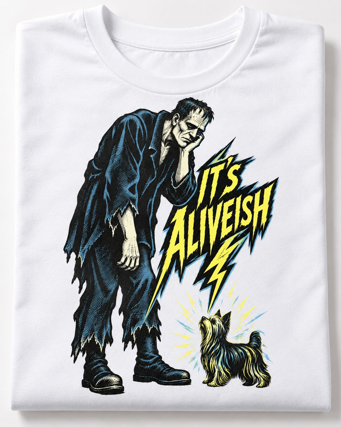 It's Aliveish Yorkshire Terrier T-Shirt in White, close-up of the graphic