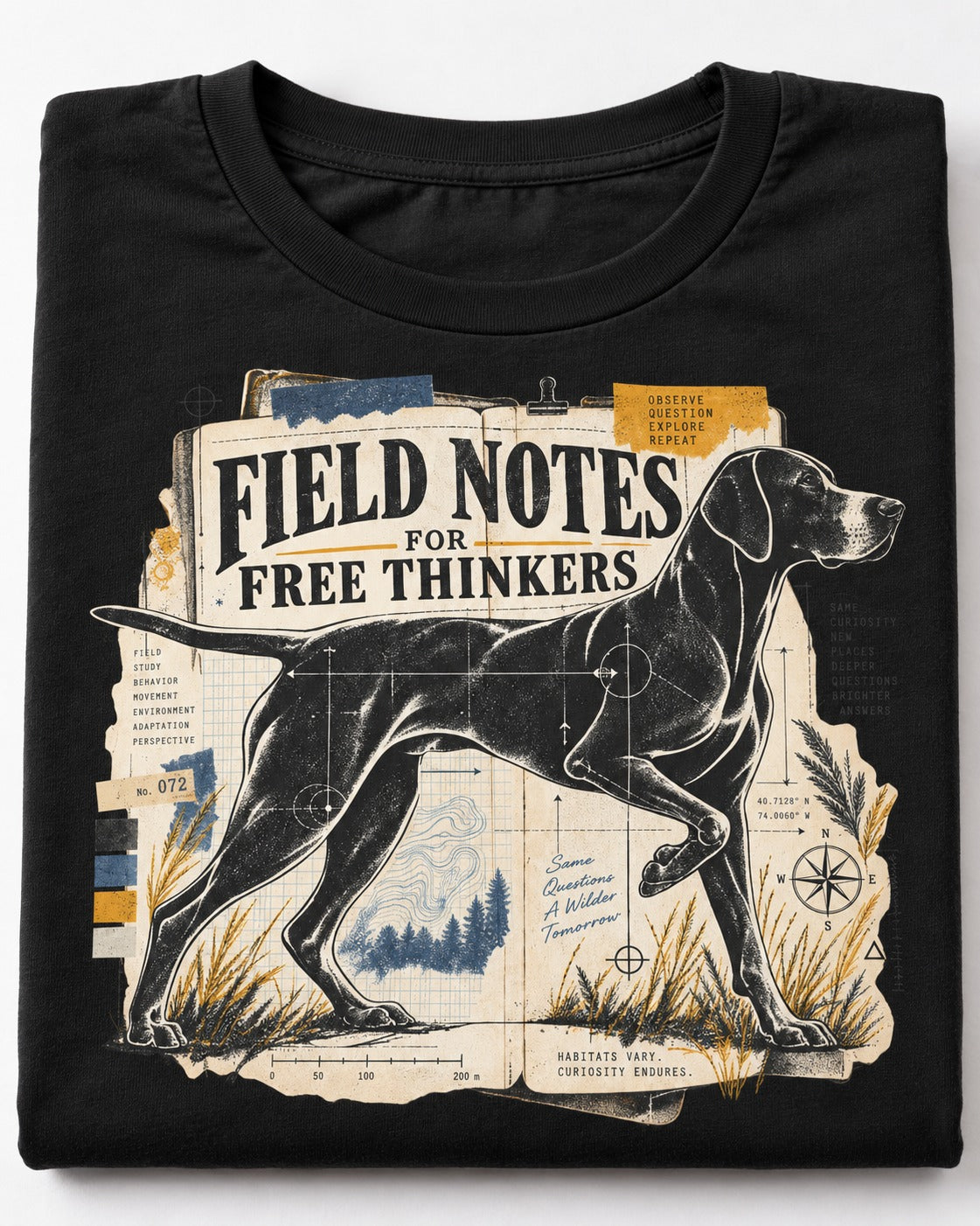 Field Notes for Free Thinkers Collage German Shorthaired Pointer Graphic T-Shirt in Black, close-up of the graphic