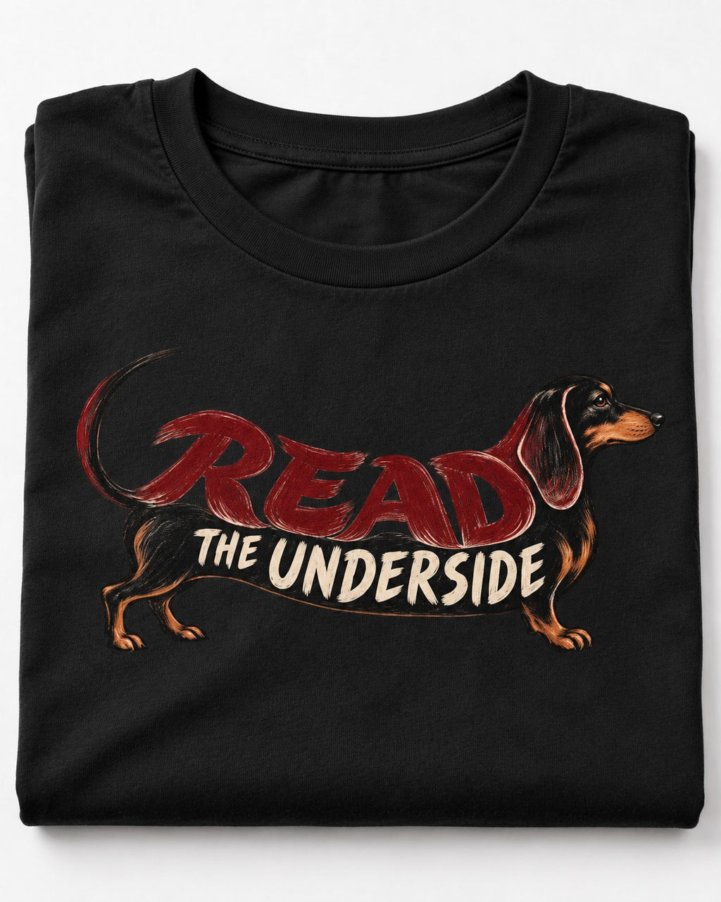 Dachshund Read The Underside Body Lettering Graphic T-Shirt in Black, close-up of the graphic