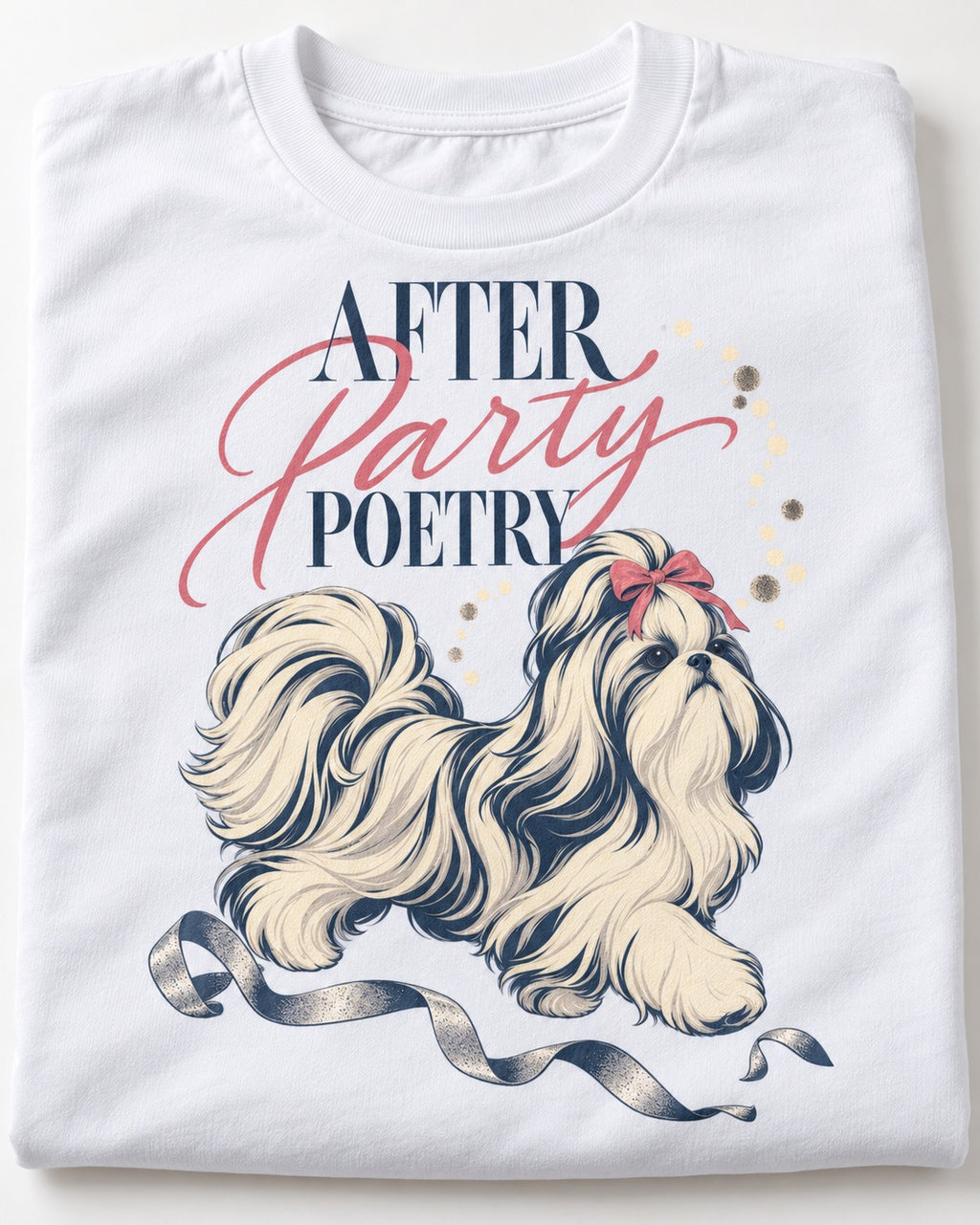 After Party Poetry Shih Tzu T-Shirt in White, close-up of the graphic