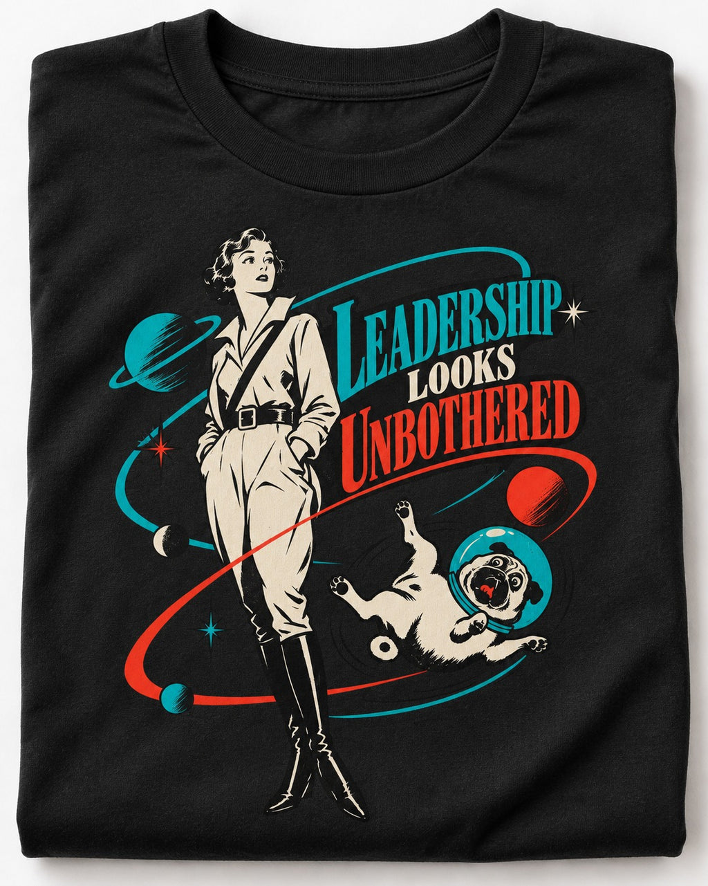 Pug Leadership Looks Unbothered Space Graphic T-Shirt in Black, close-up of the graphic