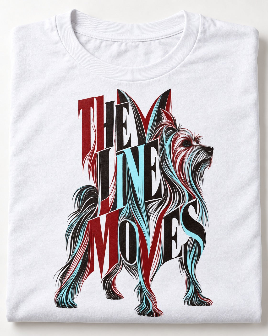 The One Moves Yorkshire Terrier T-Shirt in White, close-up of the graphic