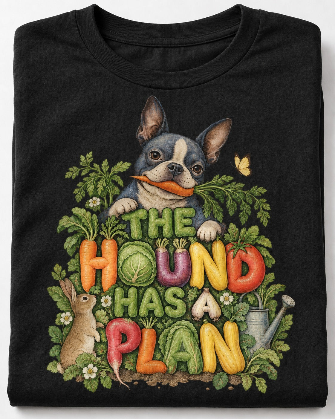 The Hound Has a Plan Boston Terrier T-Shirt in Black, close-up of the graphic