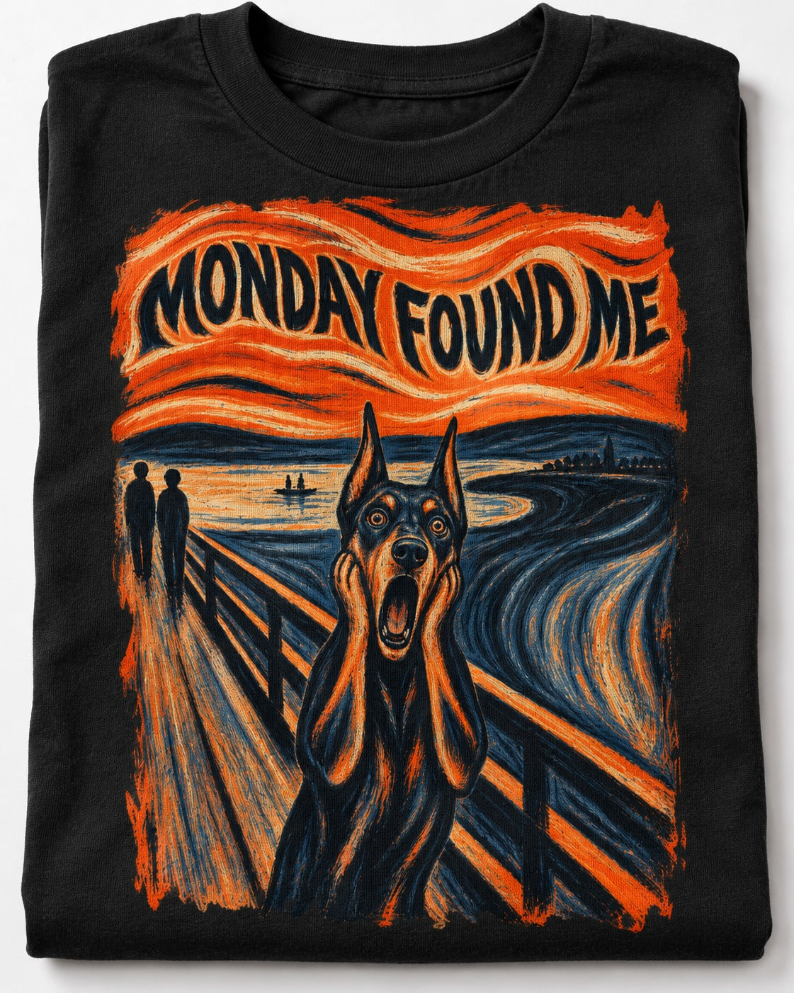 Doberman Monday Found Me Scream Graphic T-Shirt in Black, close-up of the graphic