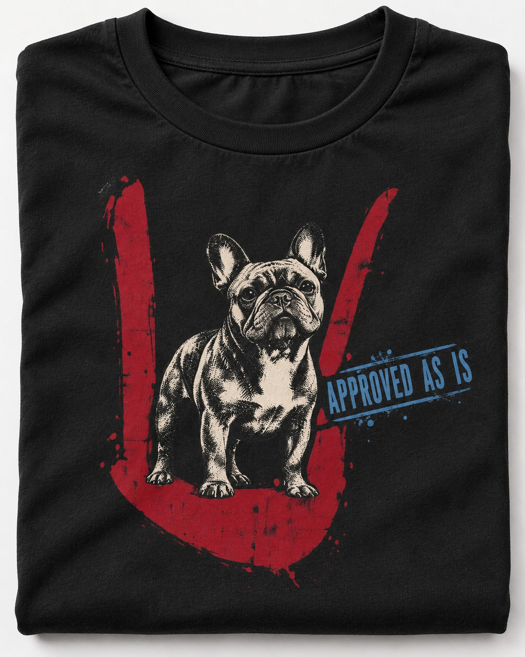 Frenchie Approved As Is Check Mark Graphic T-Shirt in Black, close-up of the graphic