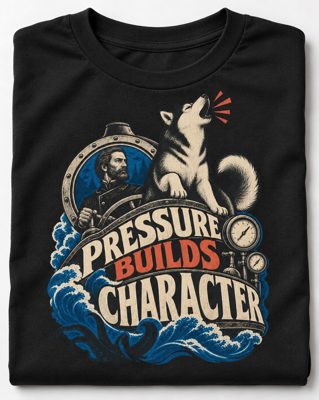 Husky Pressure Builds Character Deep Sea Graphic T-Shirt in Black, close-up of the graphic