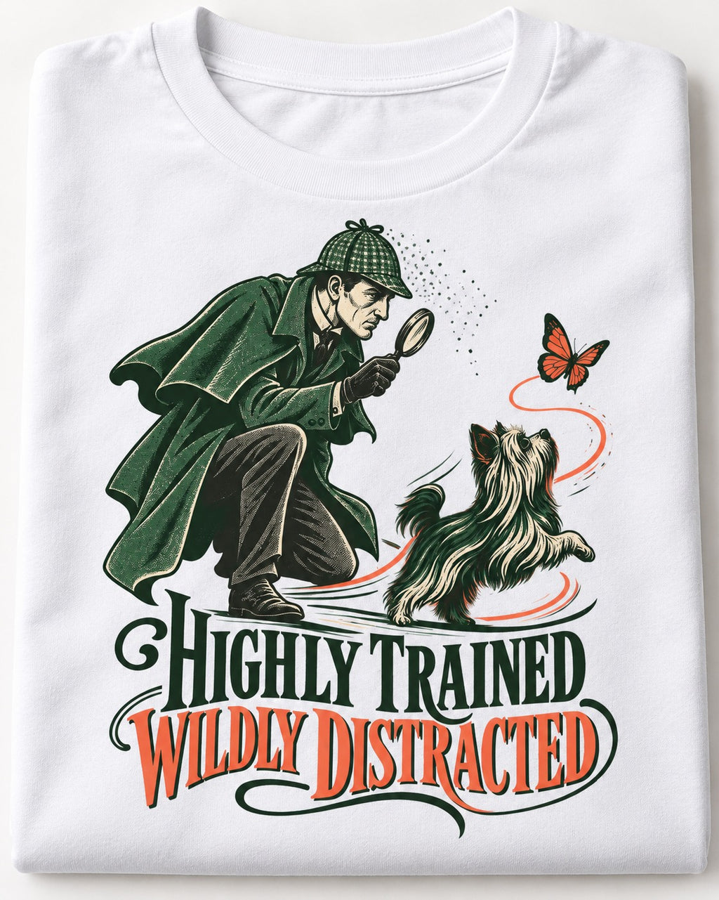 Highly Trained Wildly Distracted Yorkshire Terrier T-Shirt in White, close-up of the graphic