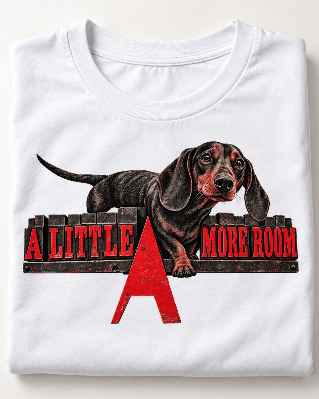 More Room for Dachshund T-Shirt in White, close-up of the graphic