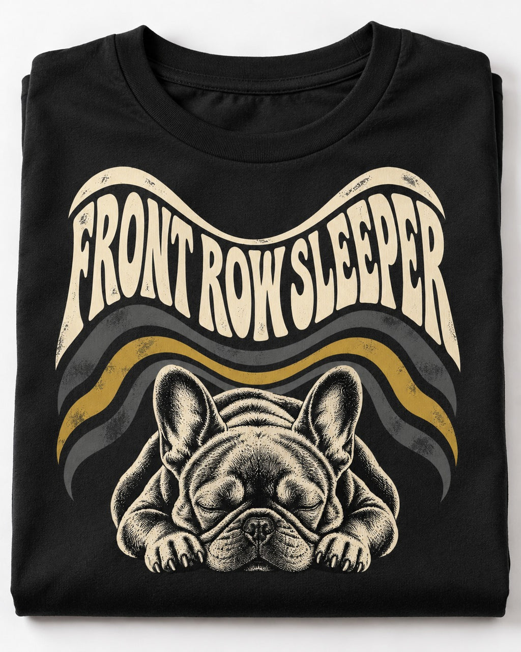 Frenchie Front Row Sleeper Retro Graphic T-Shirt in Black, close-up of the graphic