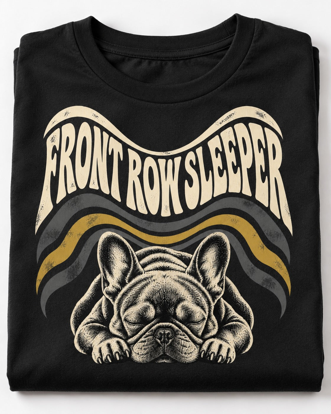 Frenchie Front Row Sleeper Retro Graphic T-Shirt in Black, close-up of the graphic