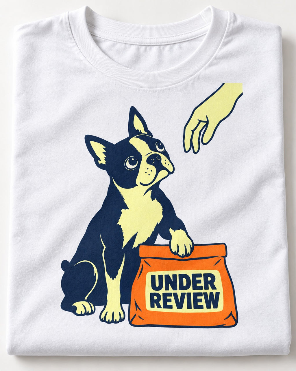Boston Terrier Under Review T-Shirt in White, close-up of the graphic