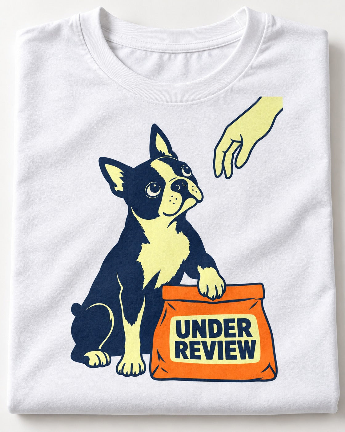 Boston Terrier Under Review T-Shirt in White, close-up of the graphic