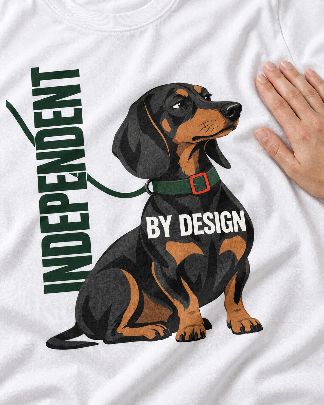 Independent Dachshund T-Shirt in White, close-up of the graphic