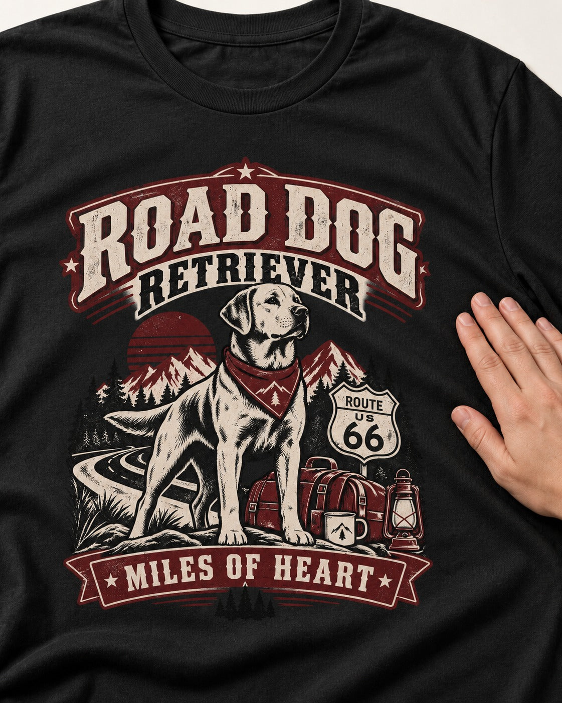 Labrador Retriever Road Dog Miles of Heart Route 66 Graphic T-Shirt in Black, close-up of the graphic