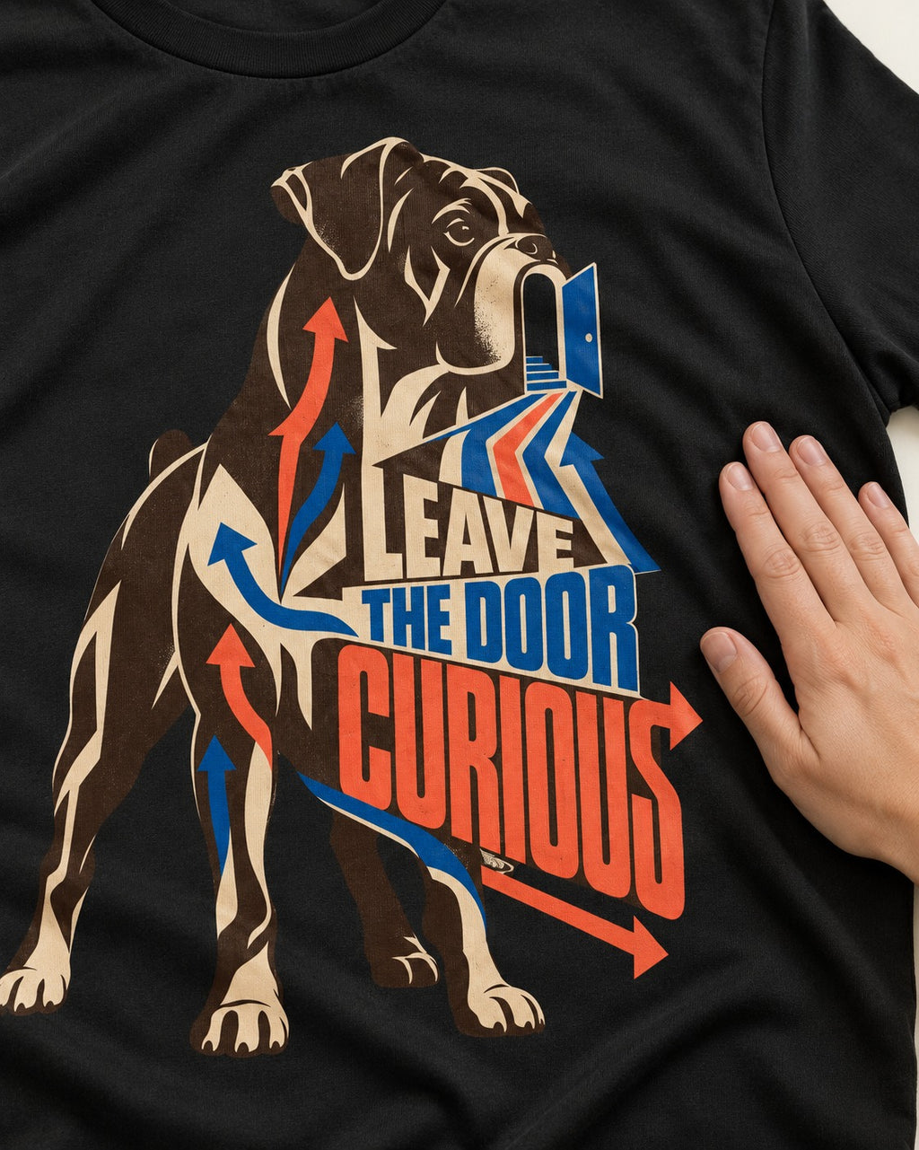 Leave the Door Curious Boxer Doorway Arrow Graphic T-Shirt in Black, close-up of the graphic