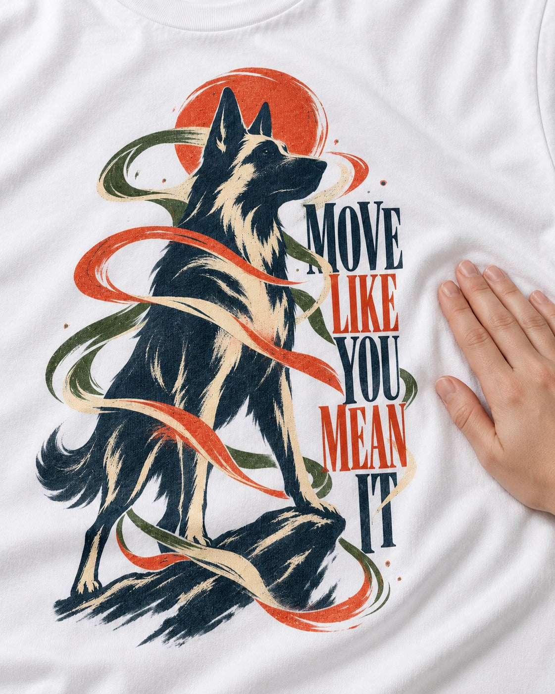 German Shepherd Dog Mean It T-Shirt in White, close-up of the graphic