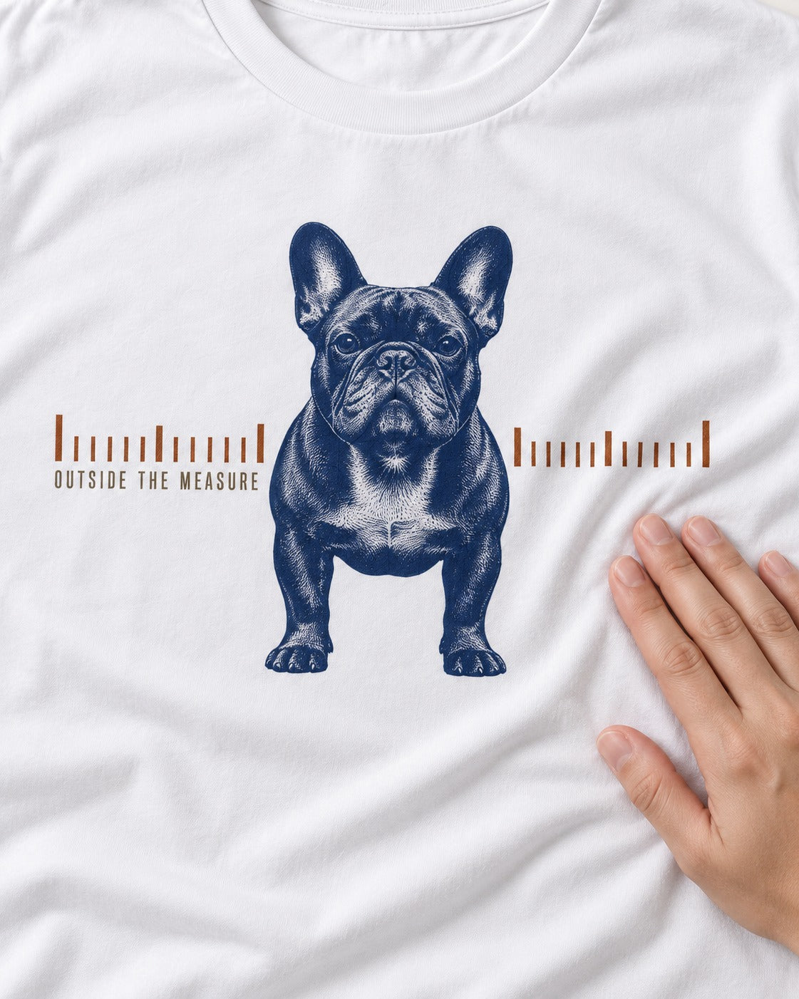 Frenchie Outside the Measure T-Shirt in White, close-up of the graphic