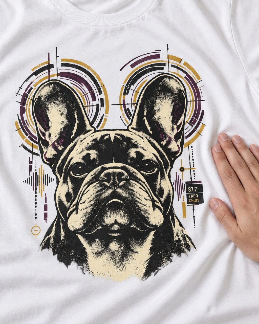Frenchie Frequency T-Shirt in White, close-up of the graphic